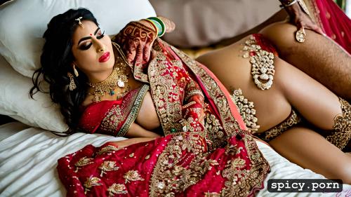 perfect female body, shot on canon dslr, perfect face, indian bride getting fucked on the bed