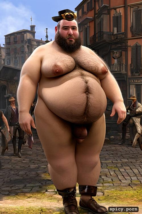 realistic very hairy big belly, naked, skin head, italian man