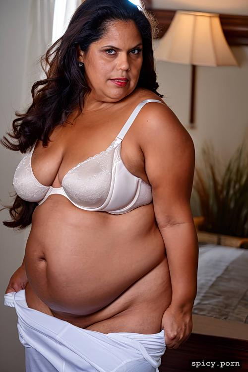 an old fat hispanic naked woman with obese belly, very short hair