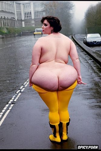 nude under open jacket, yellow rubber boots, rain gear, well lit