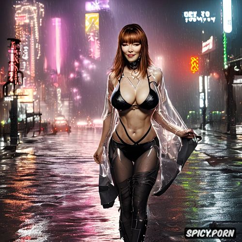 nipples covered, wearing clear plastic rain coat, cyberpunk rainy city street setting