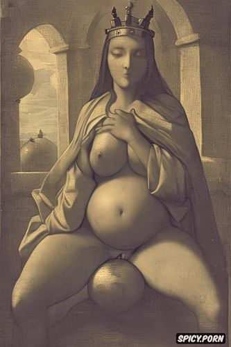 virgin mary nude in a stable, classic, halo, masturbating, spreading legs shows pussy