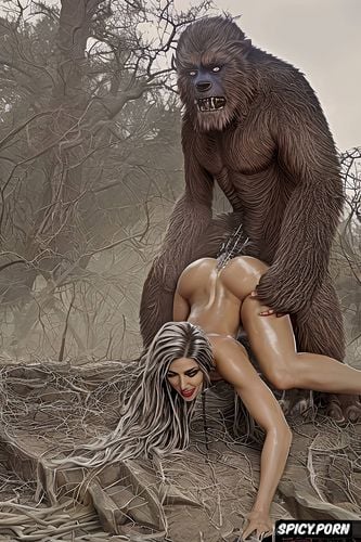 roars as he releases into her pussy, woman enjoys sasquatch fucking her doggy style