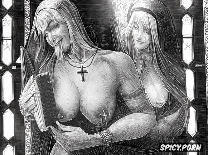 cross necklace, detailed gray wrinkeled pussy, nuns, saggy small breasts