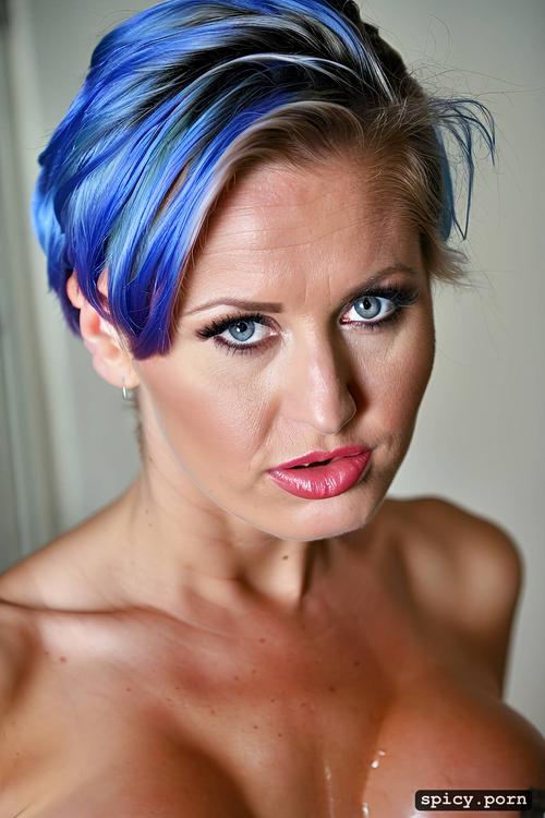 portrait, oiled body, backlighting, diving, huge boobs, blue hair