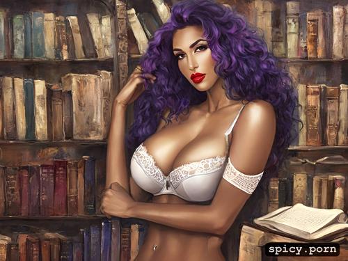 library, purple hair, long legs, pretty face, exotic woman, bra