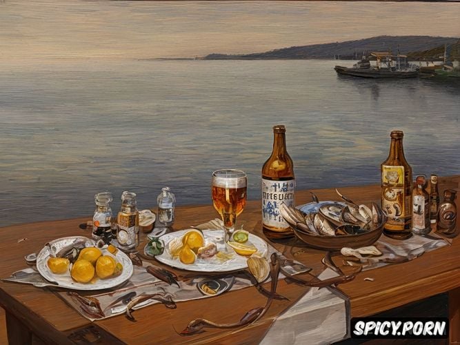 south town, impressionist painting, shrimps and a glass bottles