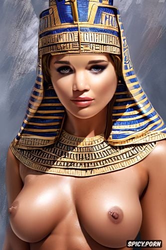 masterpiece, ultra realistic, jennifer lawrence femal pharaoh ancient egypt egyptian robes pharoah crown beautiful face topless