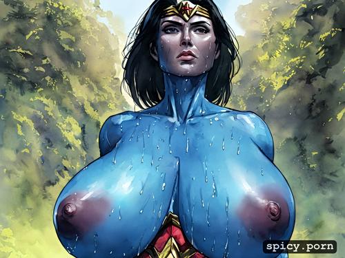close up, wonder woman, huge erect nipples, naked, in bright sunlight
