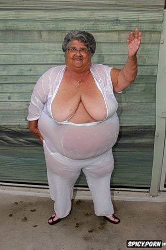 small boobs, layered flabby loose belly, she smile, wearing a wet sleeveless white sheer jumpsuit