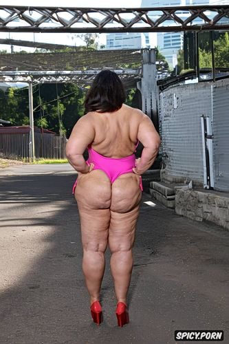 very large high hips, at street, symmetric, from behind, full body shot