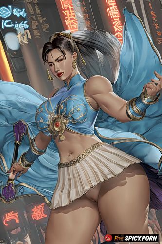 chun li streetfighter, hairy vagina, fat belly, showing upskirt