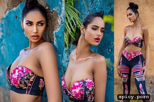 shadows, very detailed, beautiful indian actress in floral printed strapless twist front very thin lycra crop top