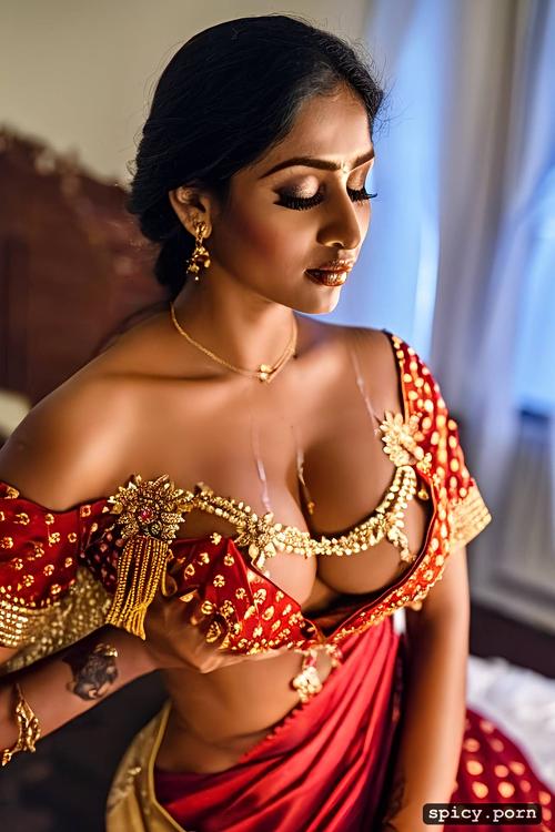 wearing off shoulder saree without blouse, cum on the women face