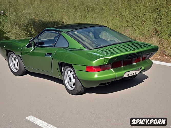 rear end is a porsche carrera, all green, sharp bodylines, in the morning