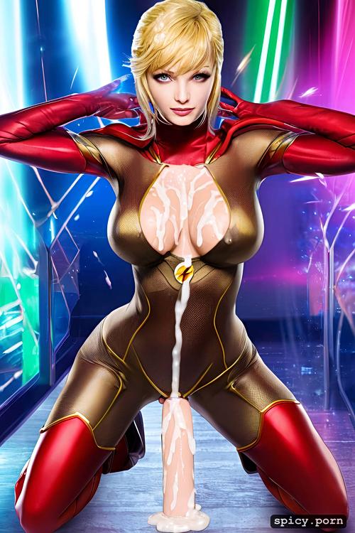flash costume with medium breasts, tits covered in cum, , blonde