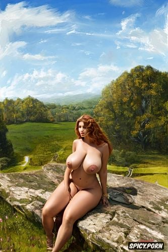 slim thick, laszlo gulyas painting, big natutal breast, flat stomach