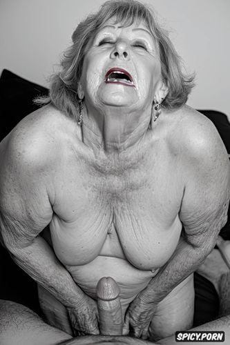 very realistic 16k photo, 90 year old fat old woman on her knees with her mouth open swallowing the semen that comes out of the dick that is half stuck in her throat
