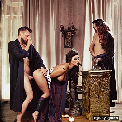 brunette witch, open robe, stockings, bound nude male sacrifice