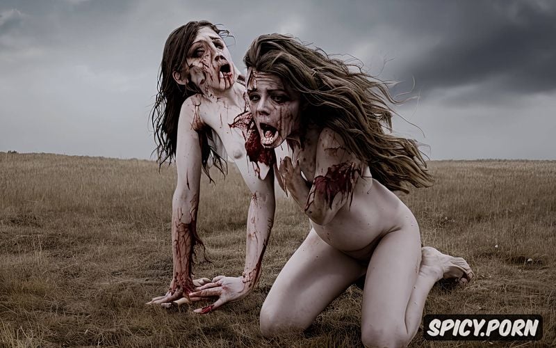 hyper realistic, she has an extreme orgasm, legs wide open, cumshot from zombie in pussy