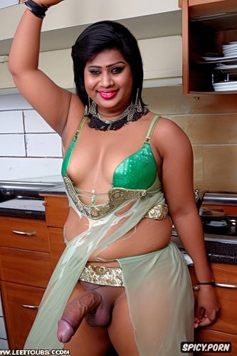 smiling, she is young and innocent, she is wearing glovess, lesbians petite futanari minature sri lankan housewife in the kitchen is showing us her erected dick