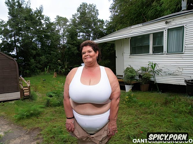 trailer park, sunny tropical day, extremely obese ssbbw redneck mature unemployed housewife at her caravan