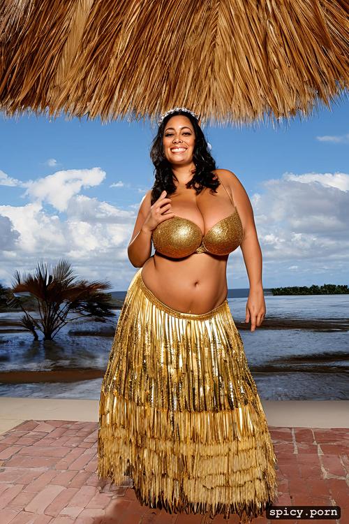 color photo, 46 yo beautiful tahitian dancer, performing, extremely busty