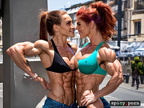 extremely huge muscles, red hair, extremely well defined muscles
