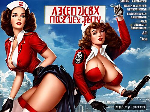 pinup propaganda poster art of a seductive soviet nurse, pin up drawing