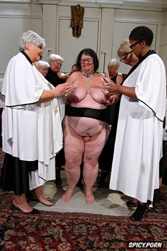 inside church choir, glasses, group of old grannies, nude, chains
