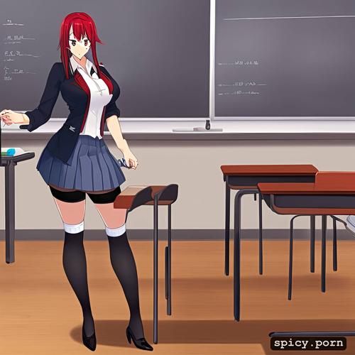 knee socks, busty, school uniform, standing by desk, teasing