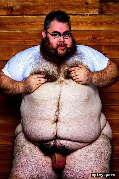 cute round face with beard and glasses, super obese chubby man