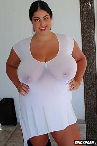 huge saggy tits, wide hips, beautiful seductive smile, half view