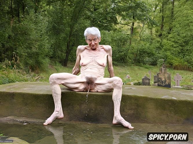 skeletal, one super old granny, short grey hair, cemetery, naked