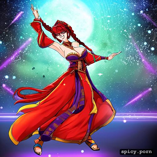 red hair, very tall, wide eyed, dancing, large round glasses