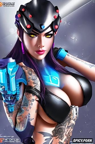 widowmaker overwatch beautiful face young full body shot, tattoos small perky tits tits out masterpiece