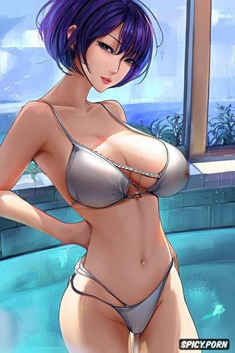 blouse, jacuzzi, short hair, asian female, huge boobs, centered