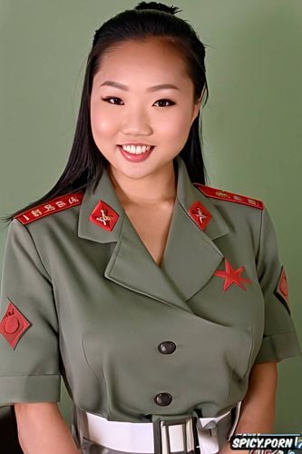 open mouthed, huge pumped up lips, 18yo, north korean flag on uniform