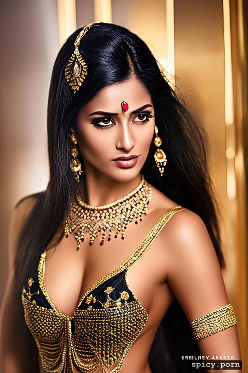 gold jewellery, curvy hip, braless, wet saree, gorgeous face
