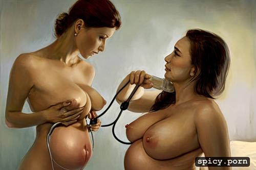 doctor, kissing, lesbian, stethoscope, hospital, wires, belly rubbing