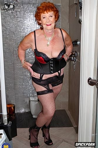 short sexy fair skinned granny ninety of age senior granny standing and revealing in open robe showing tits exhibitionist granny she is petite small saggy tits ginger hair american granny in bathroom undressing indoors smiling at viewer strappy heels corset fishnet stockings