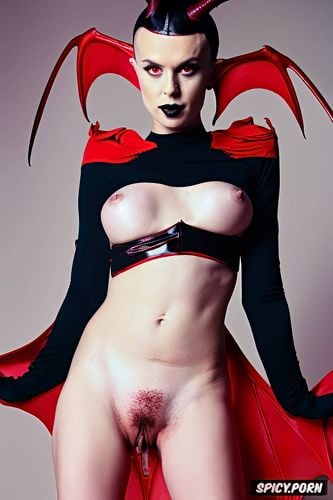 pale teen, tits, demon woman, succubus, dark red costume, very small breasts