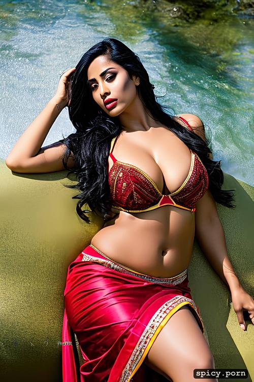 busty, big boobs, hourglass structure, half saree, curvy hip