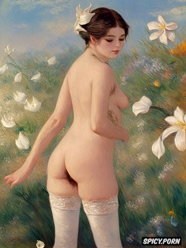 impressionist portrait, absolutely flat chest beautiful teen white women with a white lily in her right hand