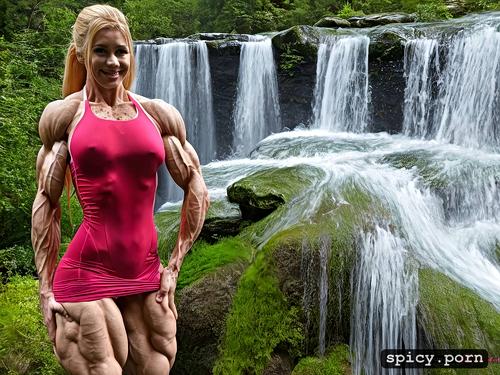 veiny biceps, extremely well defined lean abs, waterfall, erect big nipples