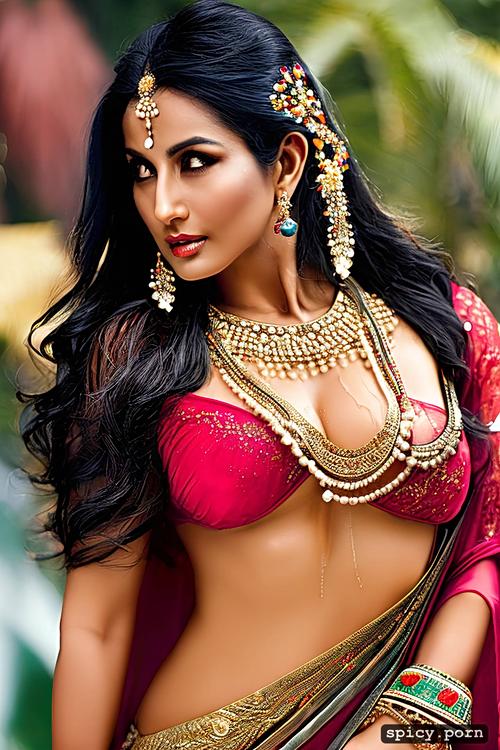 indian lady, gorgeous face, glass hour figure, perfect boobs