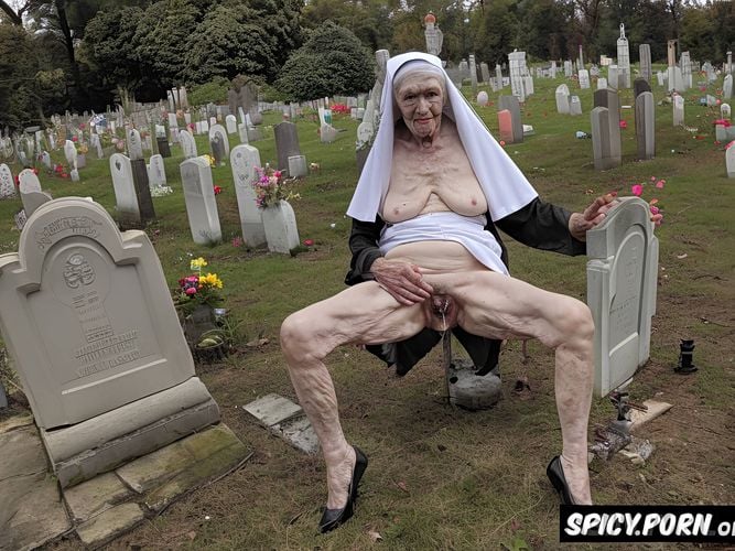 very old granny, zombie, cemetery, catholic nun, big nipples