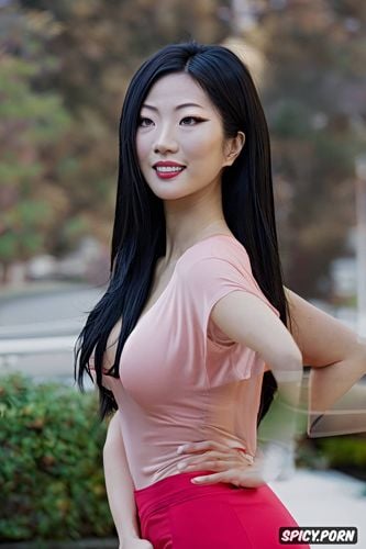 black straight long hair, big ass, happy face, asian lady, solid colors