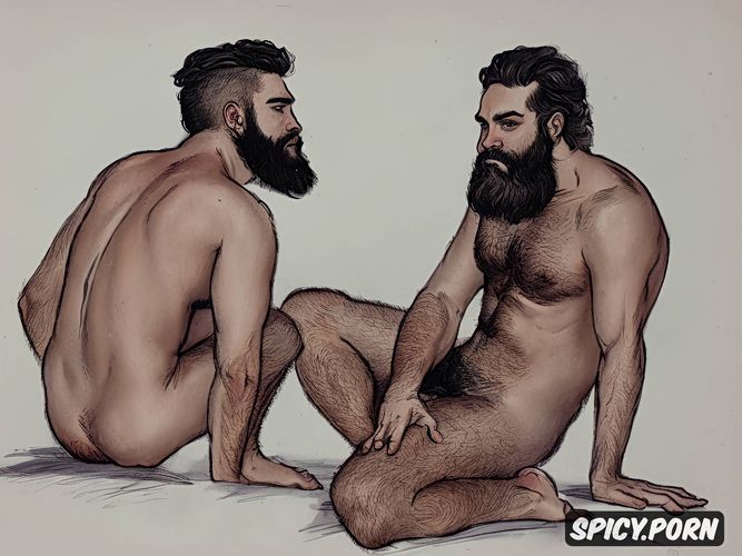 30 40 yo, full shot, detailed artistic nude sketch of a big dicked bearded hairy man crouching