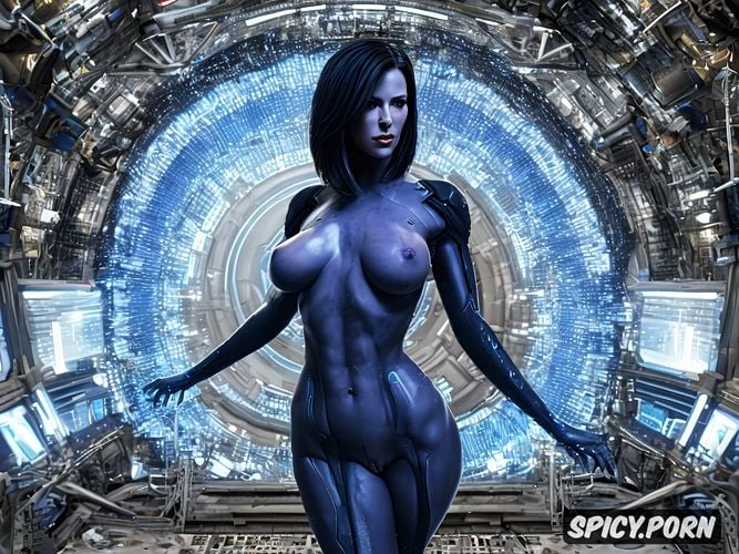 kate beckinsale as cortana from halo, athletic, blue purple skin
